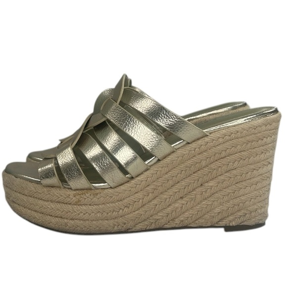 Marc Fisher Cazzie 2 Gold Faux Leather Criss Cross Strappy Wedge Sandals SZ 8.5 - Picture 3 of 15